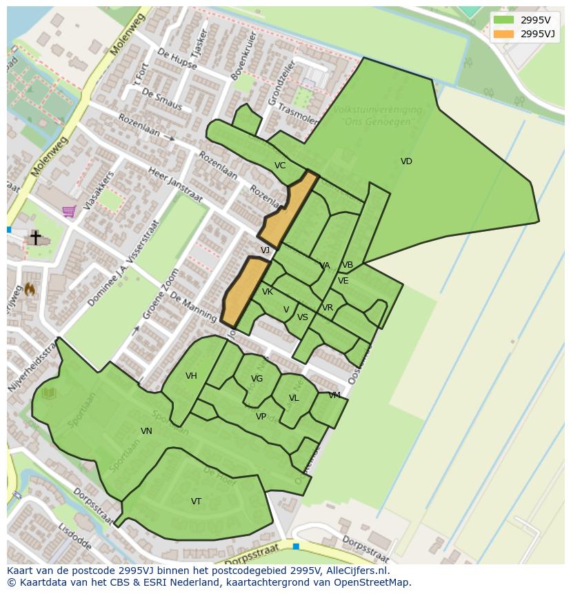 Afbeelding van het postcodegebied 2995 VJ op de kaart.