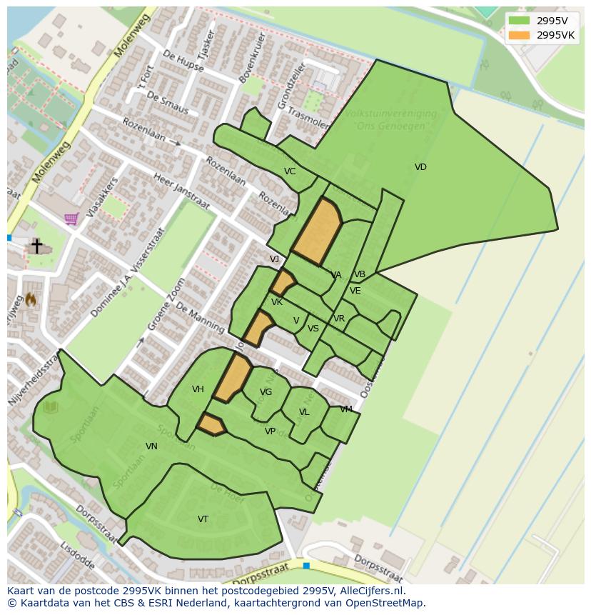 Afbeelding van het postcodegebied 2995 VK op de kaart.