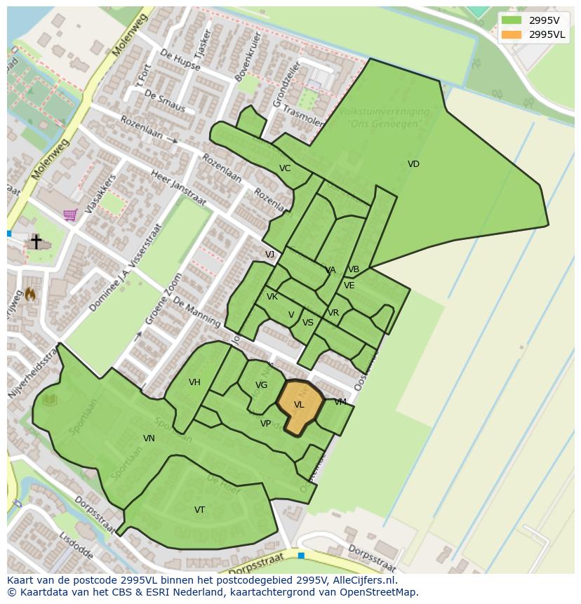 Afbeelding van het postcodegebied 2995 VL op de kaart.