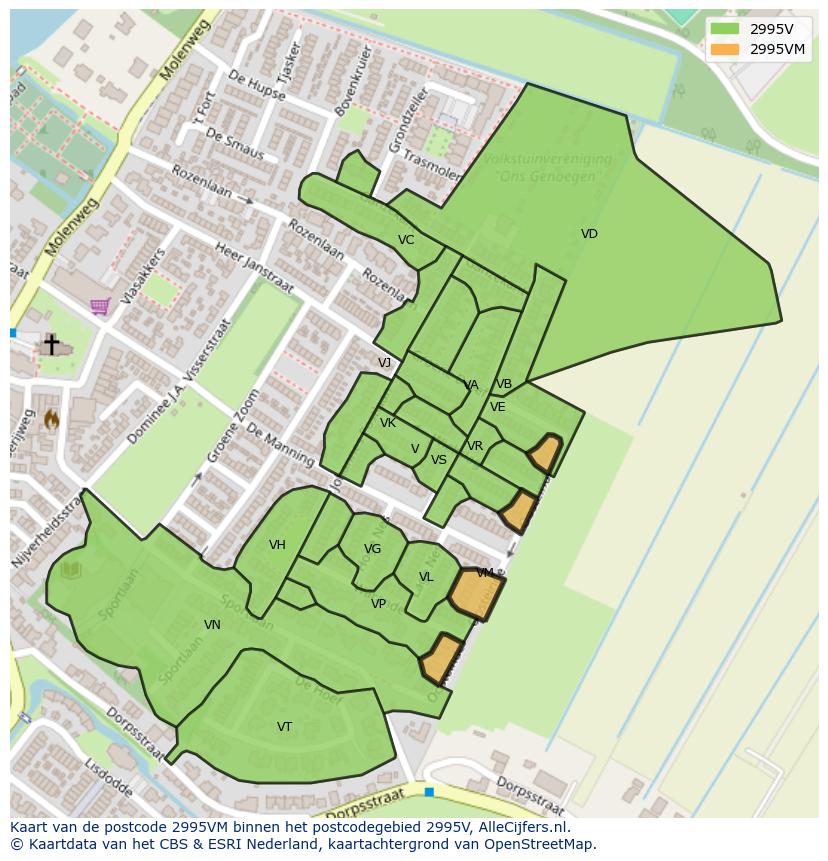 Afbeelding van het postcodegebied 2995 VM op de kaart.