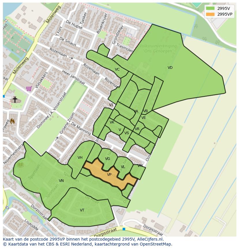 Afbeelding van het postcodegebied 2995 VP op de kaart.