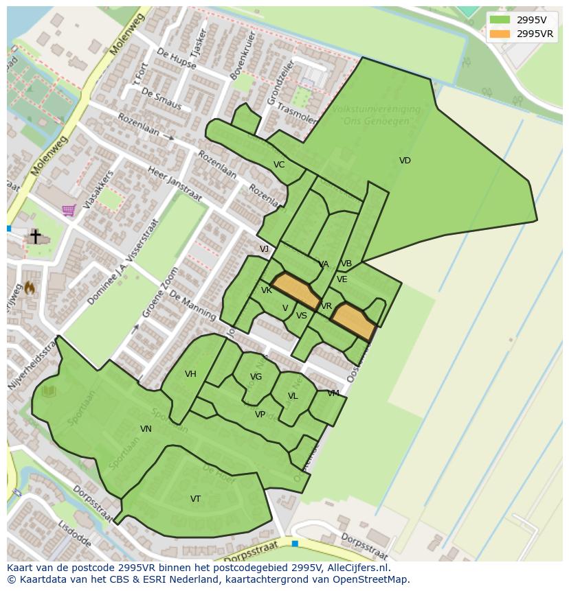 Afbeelding van het postcodegebied 2995 VR op de kaart.