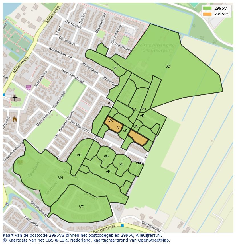 Afbeelding van het postcodegebied 2995 VS op de kaart.