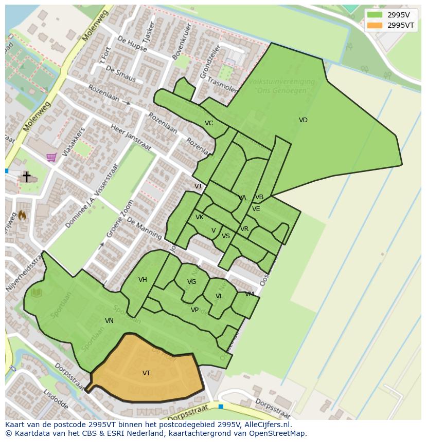 Afbeelding van het postcodegebied 2995 VT op de kaart.