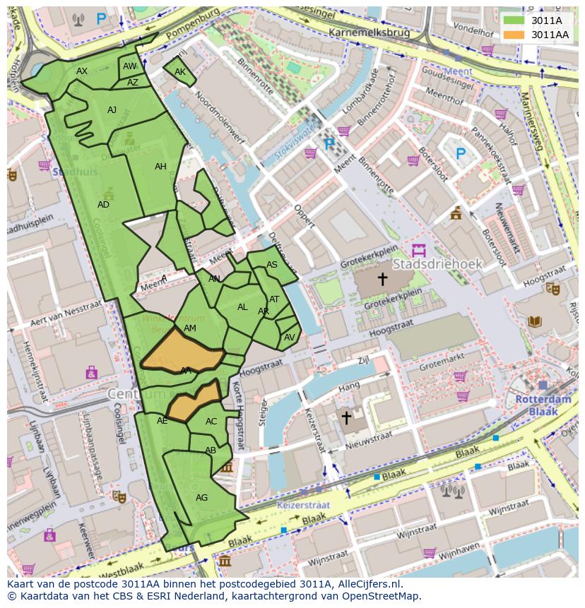 Afbeelding van het postcodegebied 3011 AA op de kaart.