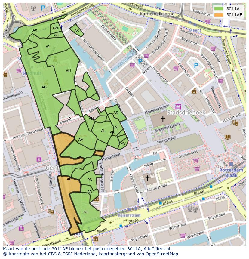 Afbeelding van het postcodegebied 3011 AE op de kaart.