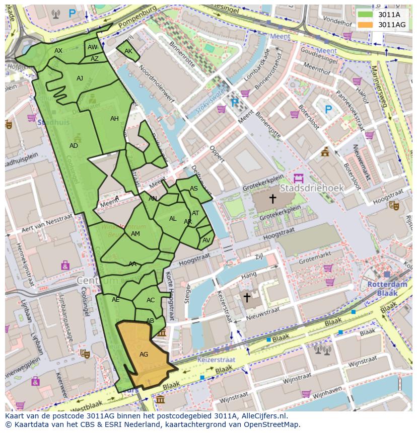 Afbeelding van het postcodegebied 3011 AG op de kaart.