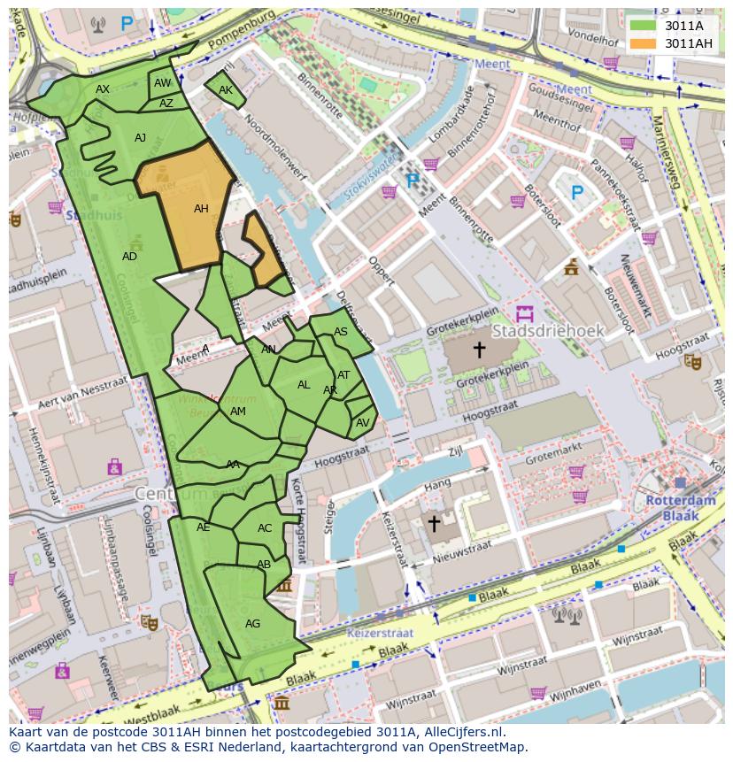 Afbeelding van het postcodegebied 3011 AH op de kaart.