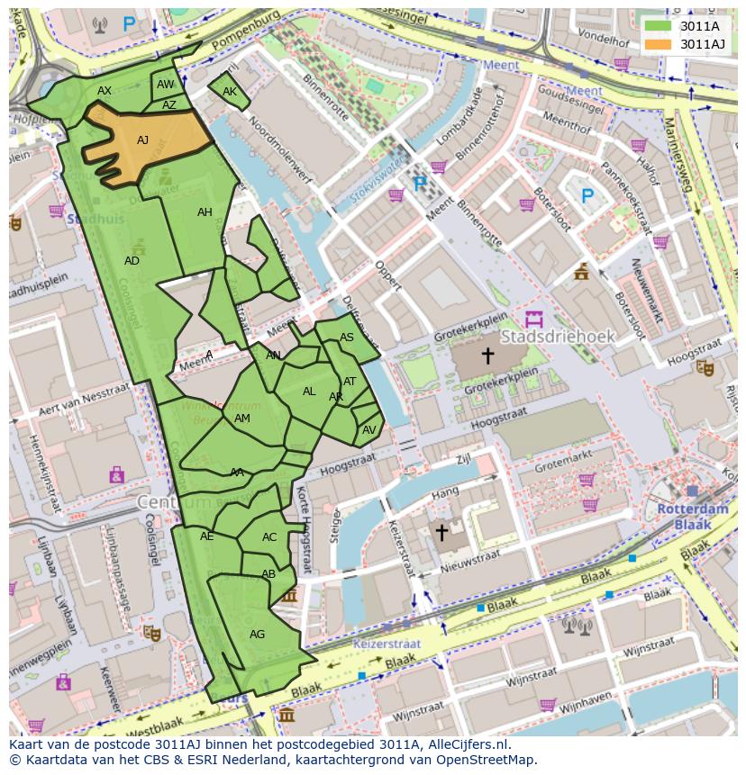 Afbeelding van het postcodegebied 3011 AJ op de kaart.
