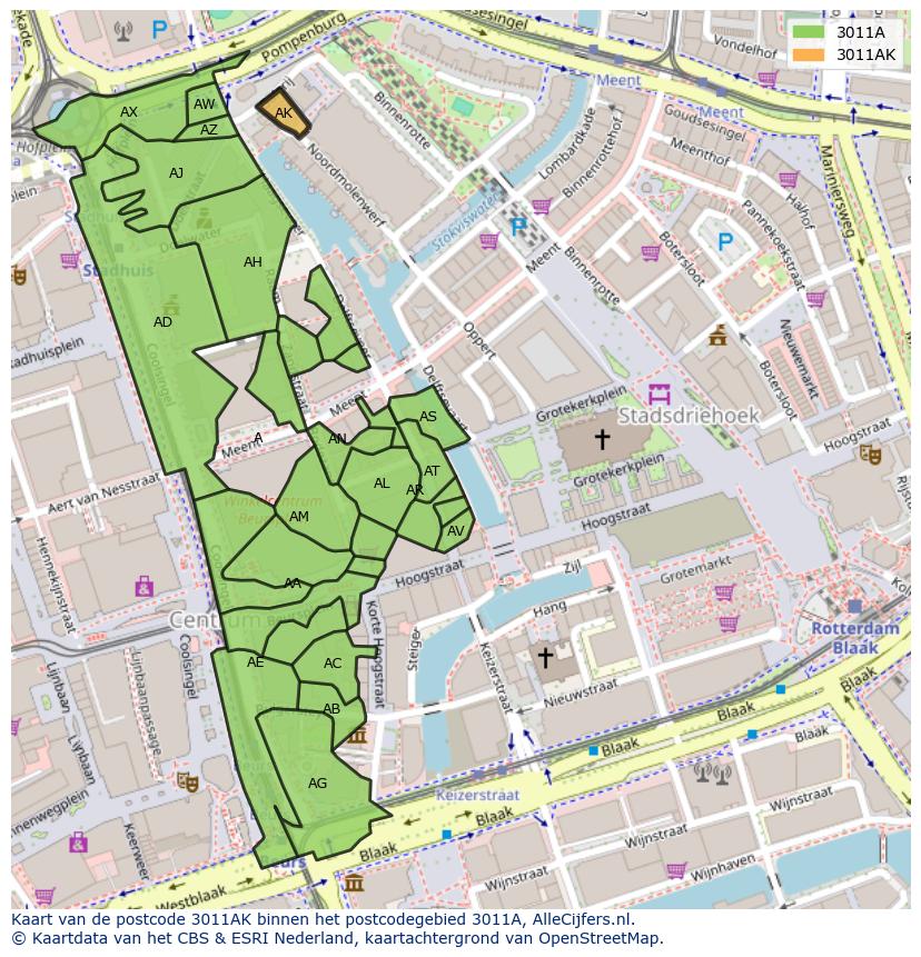 Afbeelding van het postcodegebied 3011 AK op de kaart.
