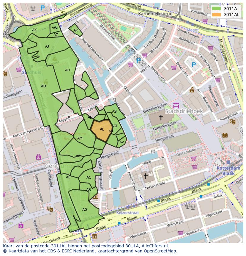 Afbeelding van het postcodegebied 3011 AL op de kaart.