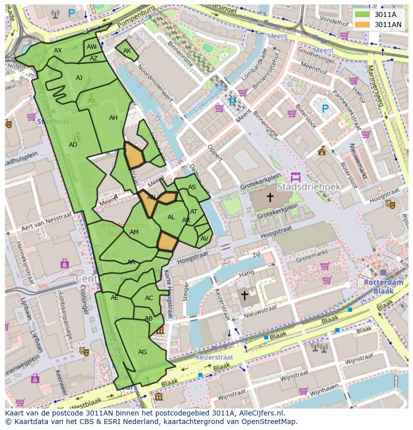 Afbeelding van het postcodegebied 3011 AN op de kaart.