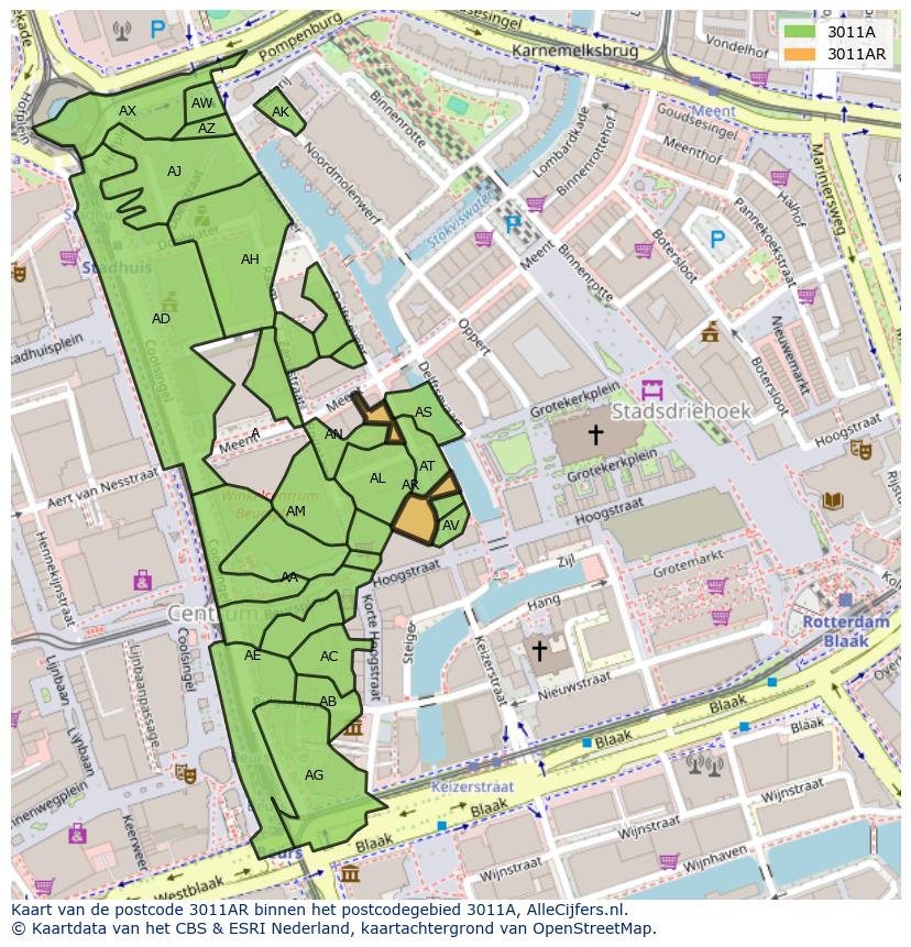 Afbeelding van het postcodegebied 3011 AR op de kaart.