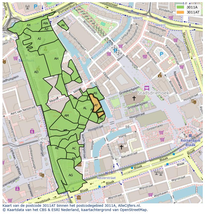 Afbeelding van het postcodegebied 3011 AT op de kaart.