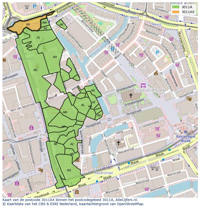 Afbeelding van het postcodegebied 3011 AX op de kaart.