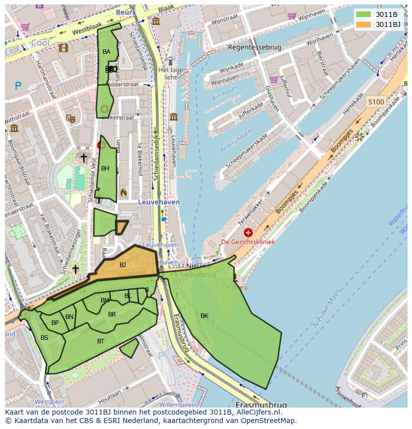 Afbeelding van het postcodegebied 3011 BJ op de kaart.