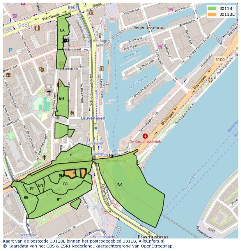 Afbeelding van het postcodegebied 3011 BL op de kaart.