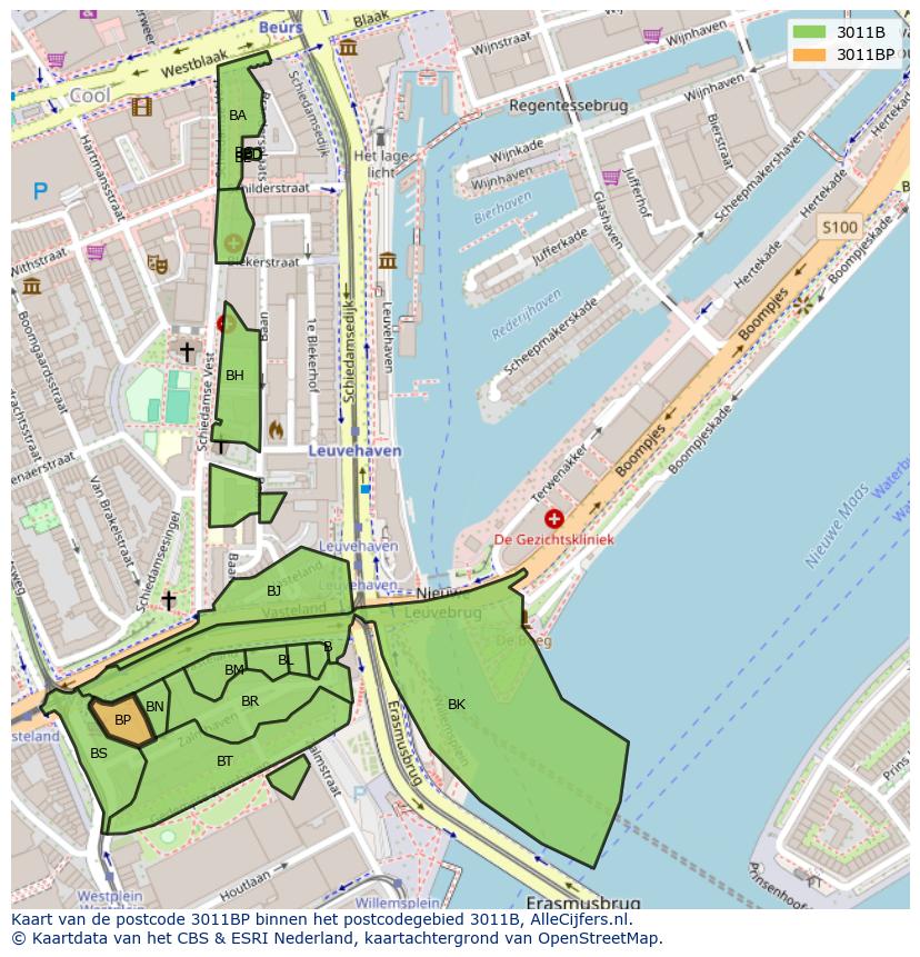 Afbeelding van het postcodegebied 3011 BP op de kaart.