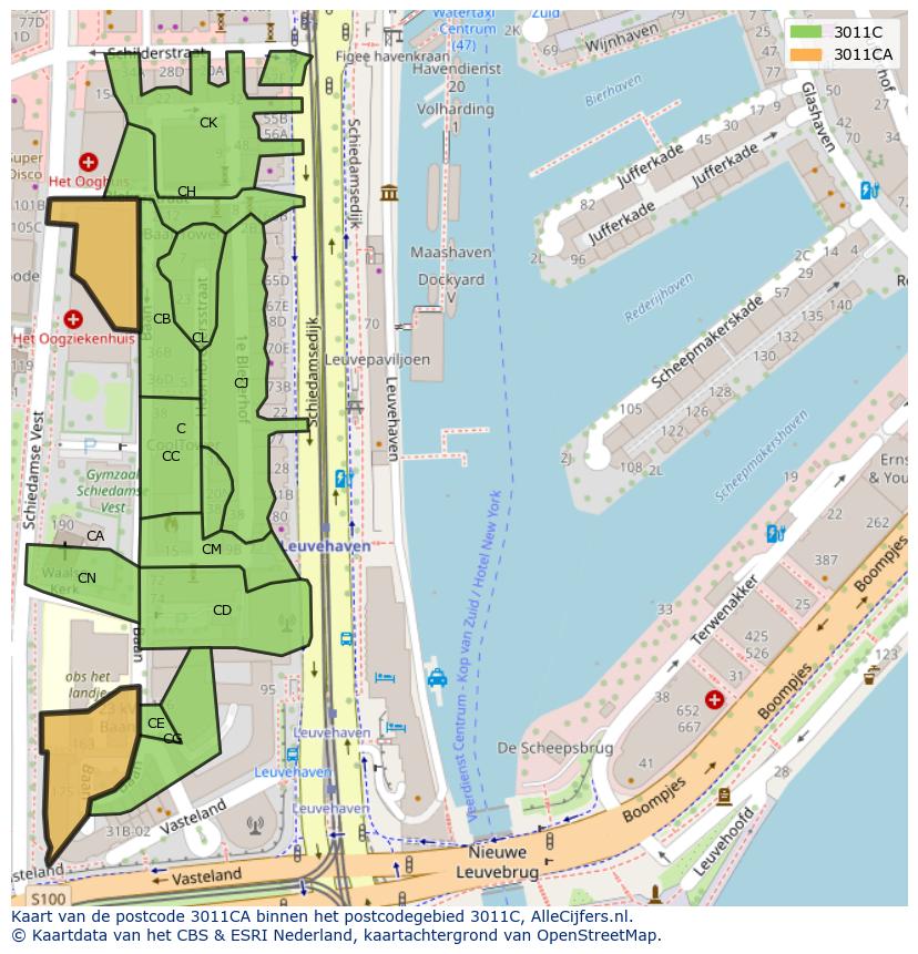Afbeelding van het postcodegebied 3011 CA op de kaart.