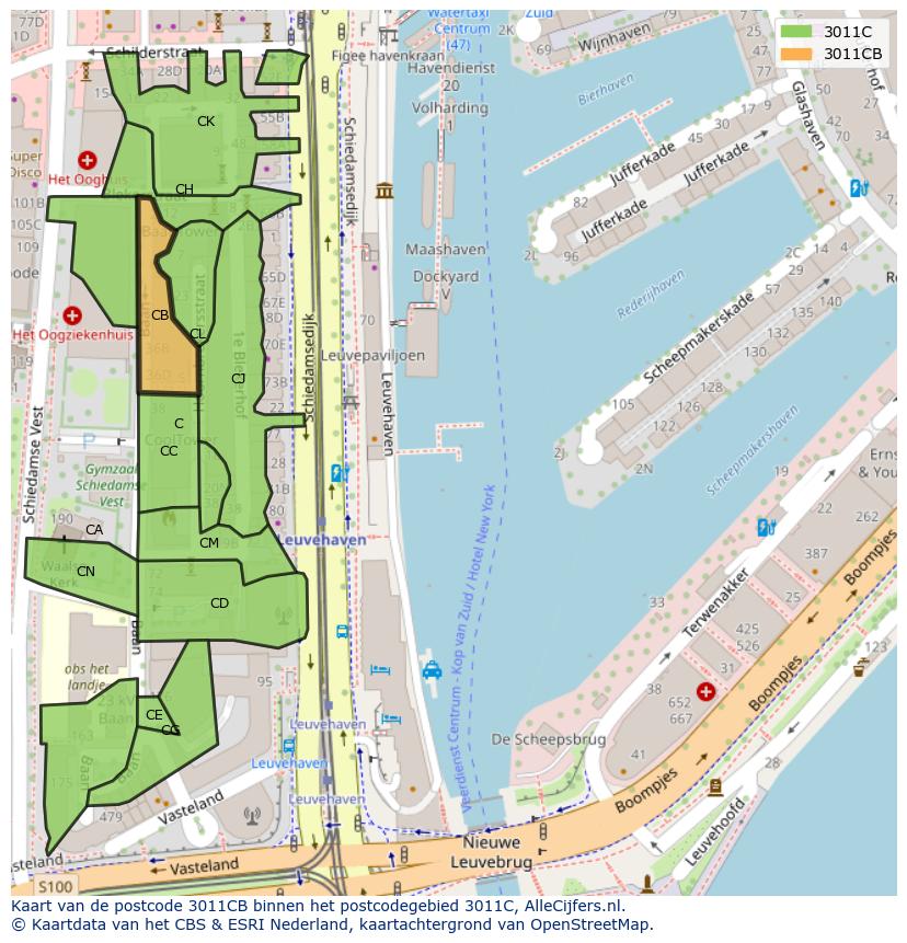 Afbeelding van het postcodegebied 3011 CB op de kaart.