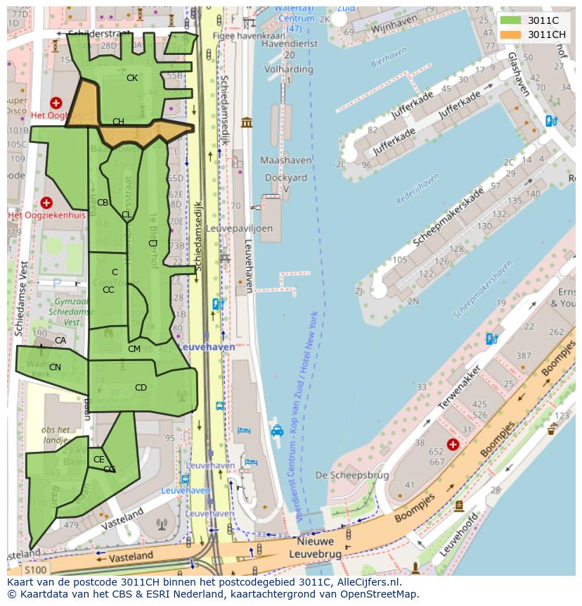 Afbeelding van het postcodegebied 3011 CH op de kaart.