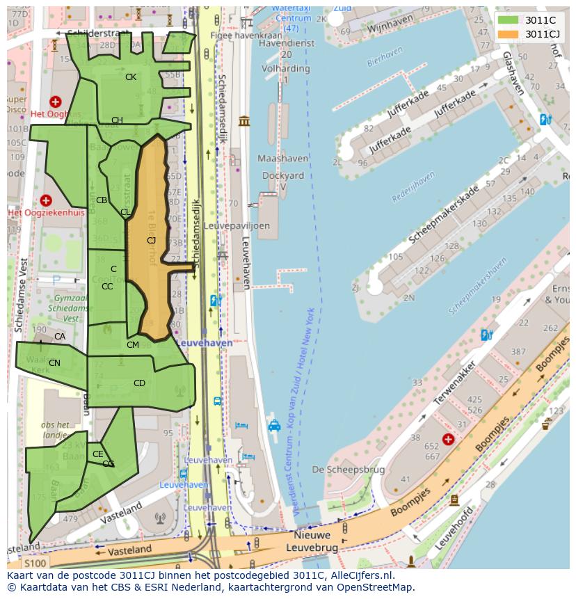 Afbeelding van het postcodegebied 3011 CJ op de kaart.