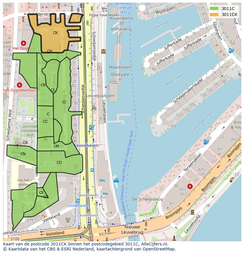Afbeelding van het postcodegebied 3011 CK op de kaart.