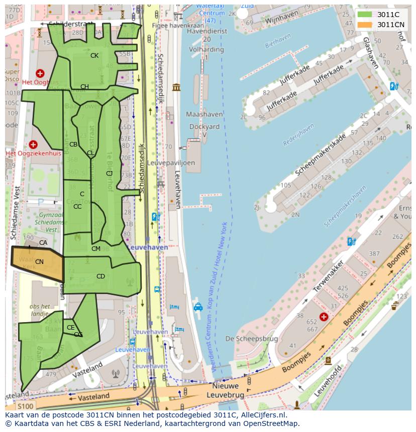 Afbeelding van het postcodegebied 3011 CN op de kaart.