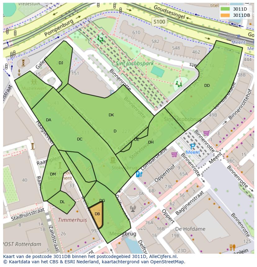 Afbeelding van het postcodegebied 3011 DB op de kaart.