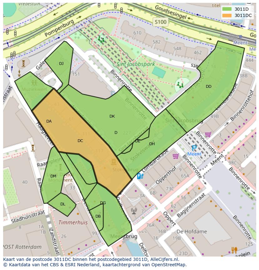 Afbeelding van het postcodegebied 3011 DC op de kaart.