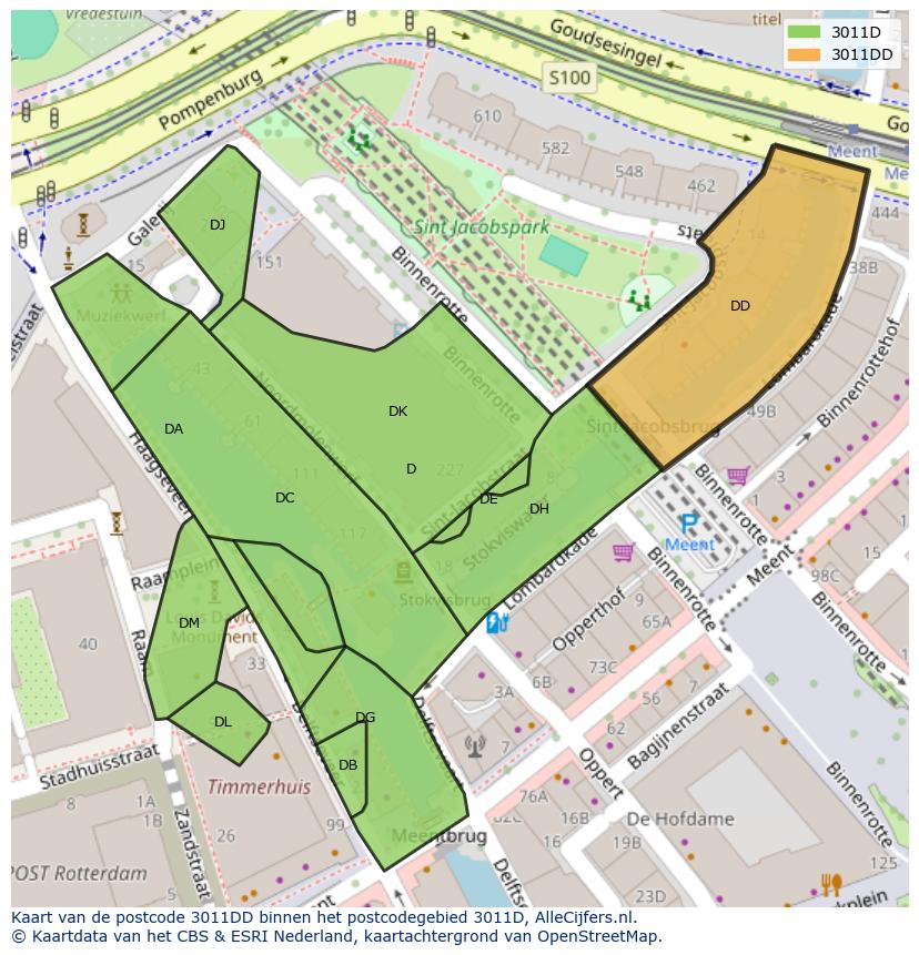 Afbeelding van het postcodegebied 3011 DD op de kaart.