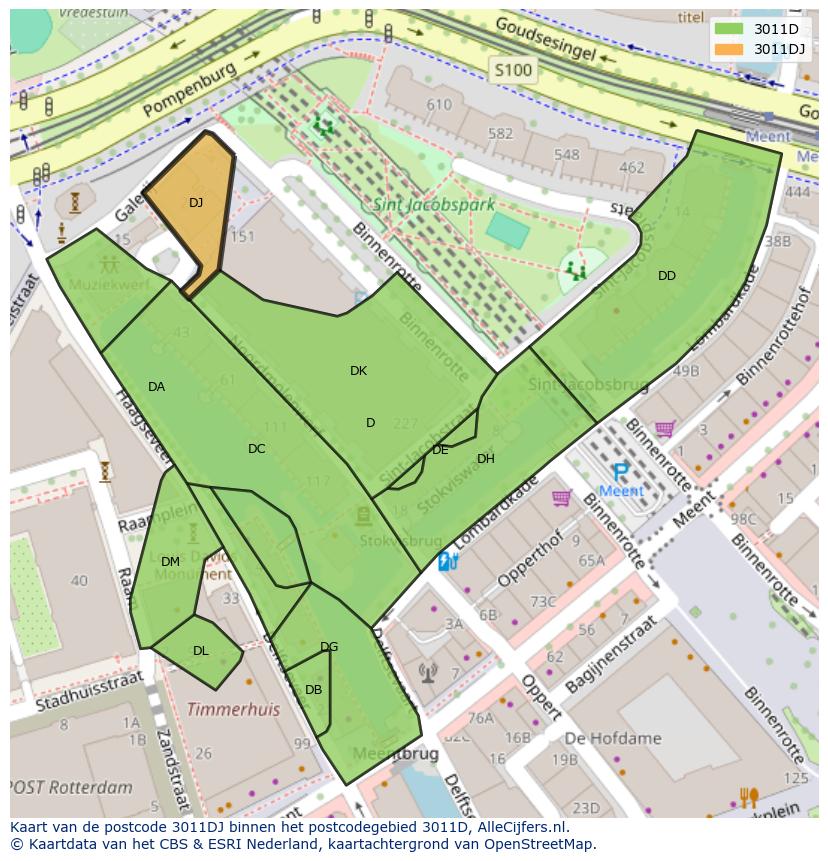 Afbeelding van het postcodegebied 3011 DJ op de kaart.