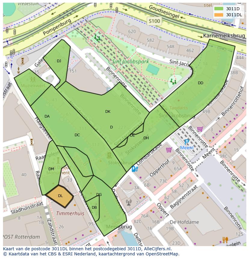 Afbeelding van het postcodegebied 3011 DL op de kaart.