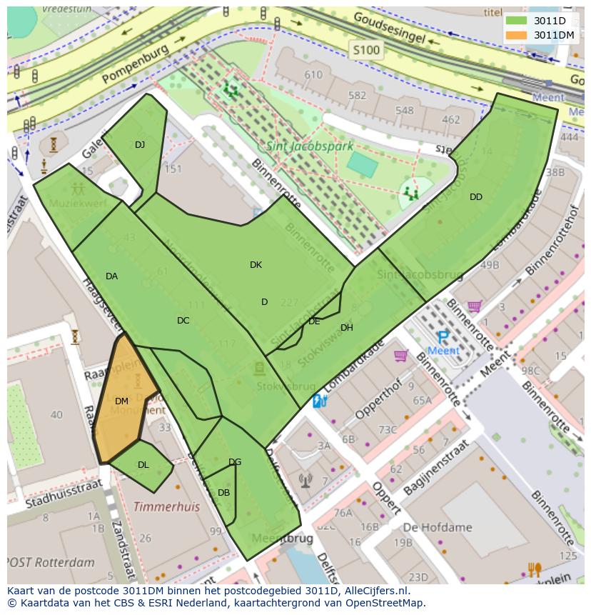 Afbeelding van het postcodegebied 3011 DM op de kaart.