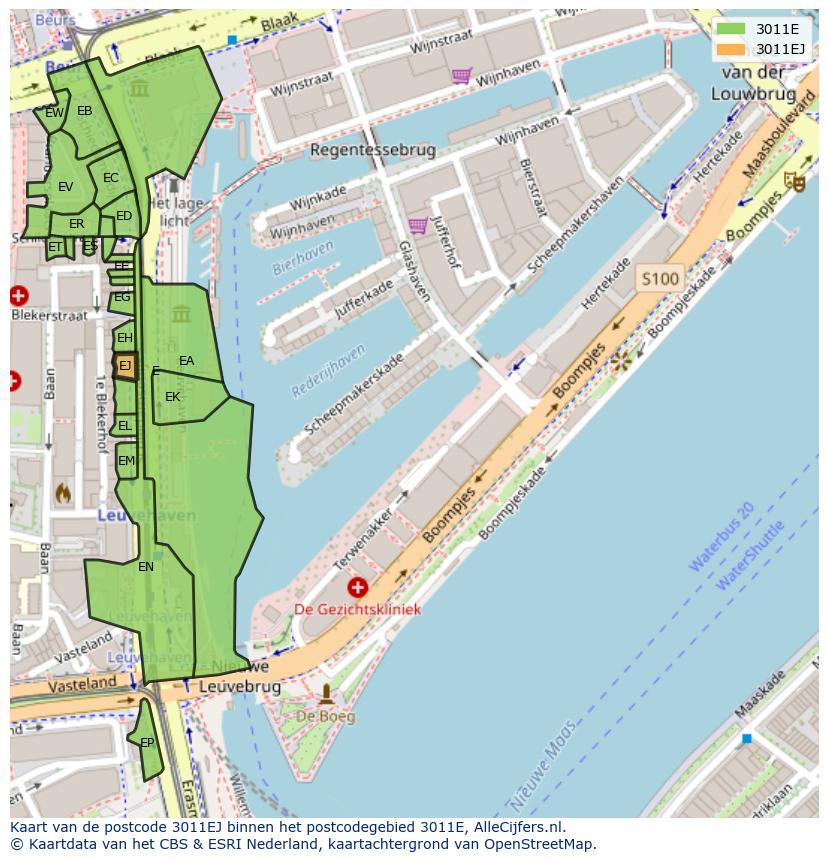 Afbeelding van het postcodegebied 3011 EJ op de kaart.