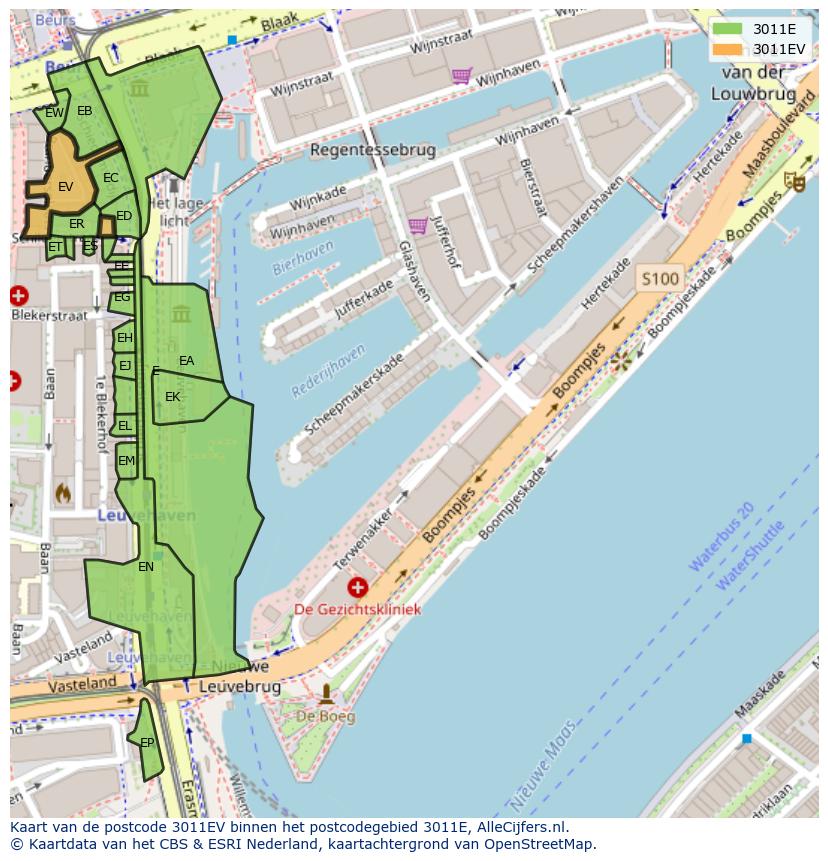 Afbeelding van het postcodegebied 3011 EV op de kaart.