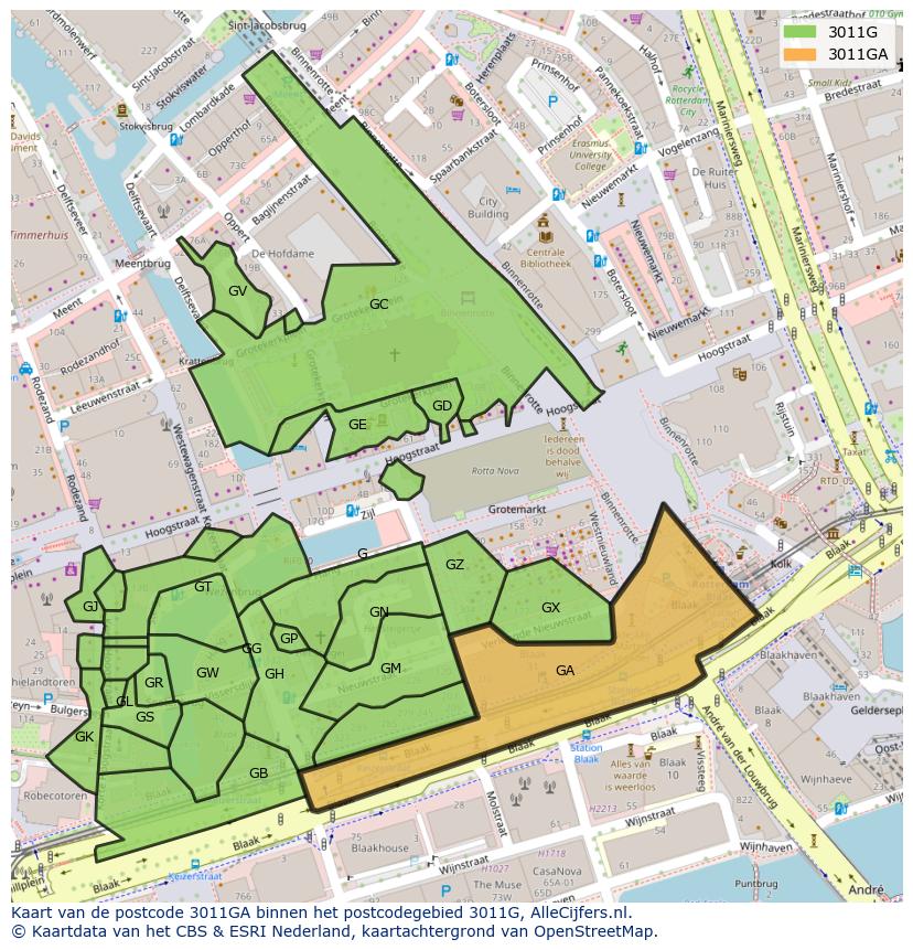 Afbeelding van het postcodegebied 3011 GA op de kaart.
