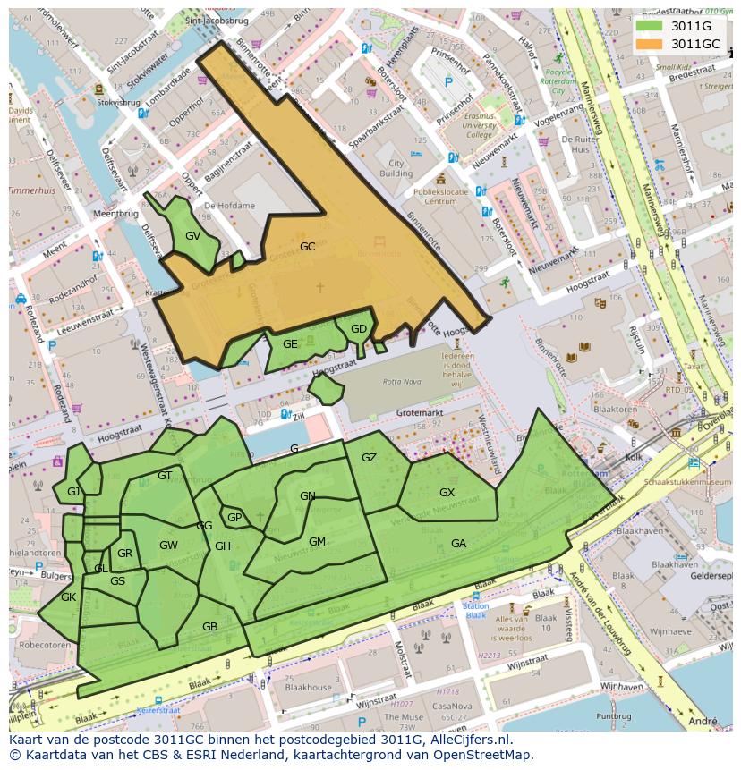 Afbeelding van het postcodegebied 3011 GC op de kaart.