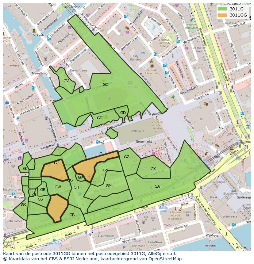 Afbeelding van het postcodegebied 3011 GG op de kaart.