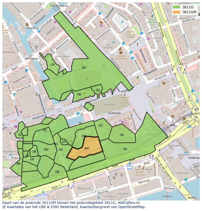 Afbeelding van het postcodegebied 3011 GM op de kaart.