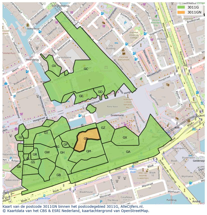 Afbeelding van het postcodegebied 3011 GN op de kaart.