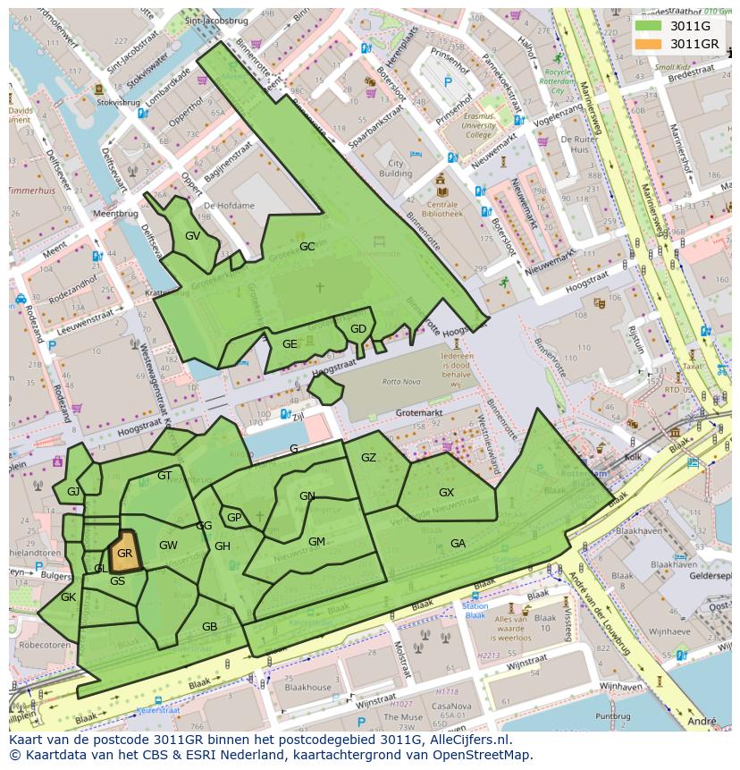 Afbeelding van het postcodegebied 3011 GR op de kaart.