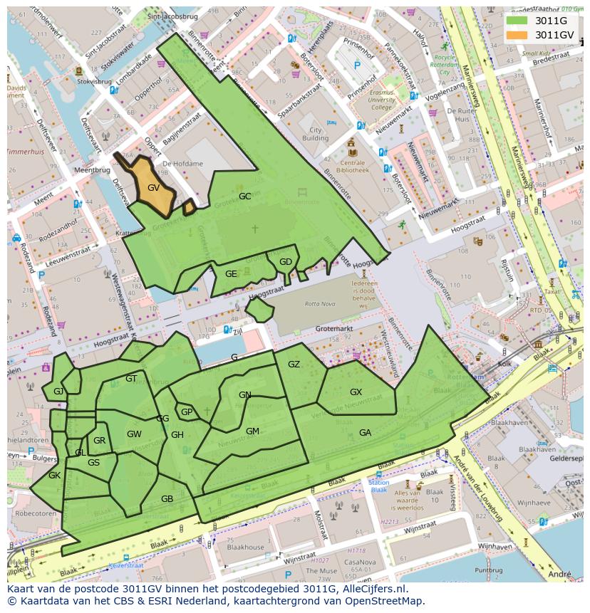 Afbeelding van het postcodegebied 3011 GV op de kaart.
