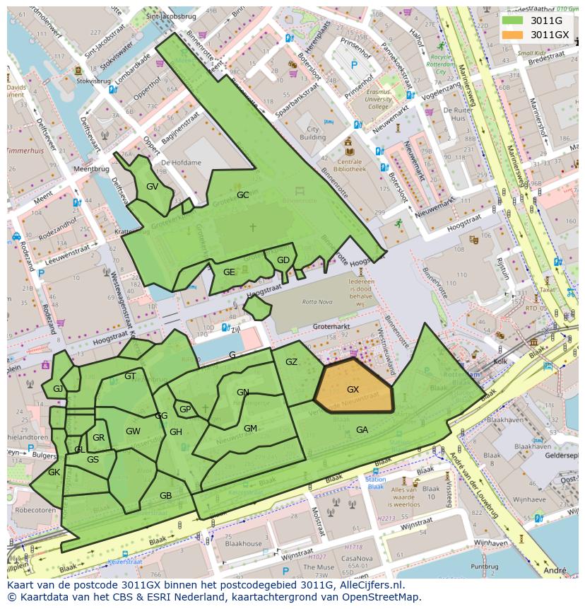 Afbeelding van het postcodegebied 3011 GX op de kaart.