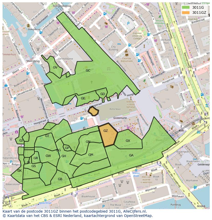 Afbeelding van het postcodegebied 3011 GZ op de kaart.