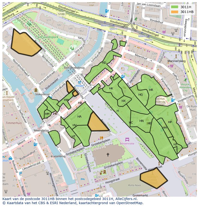Afbeelding van het postcodegebied 3011 HB op de kaart.