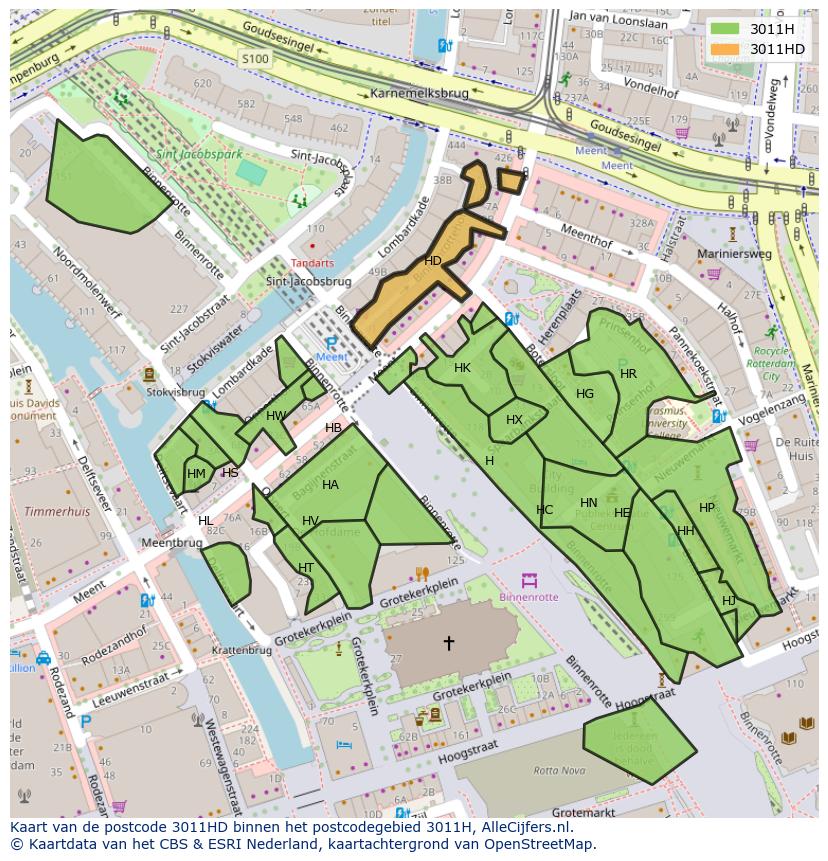 Afbeelding van het postcodegebied 3011 HD op de kaart.