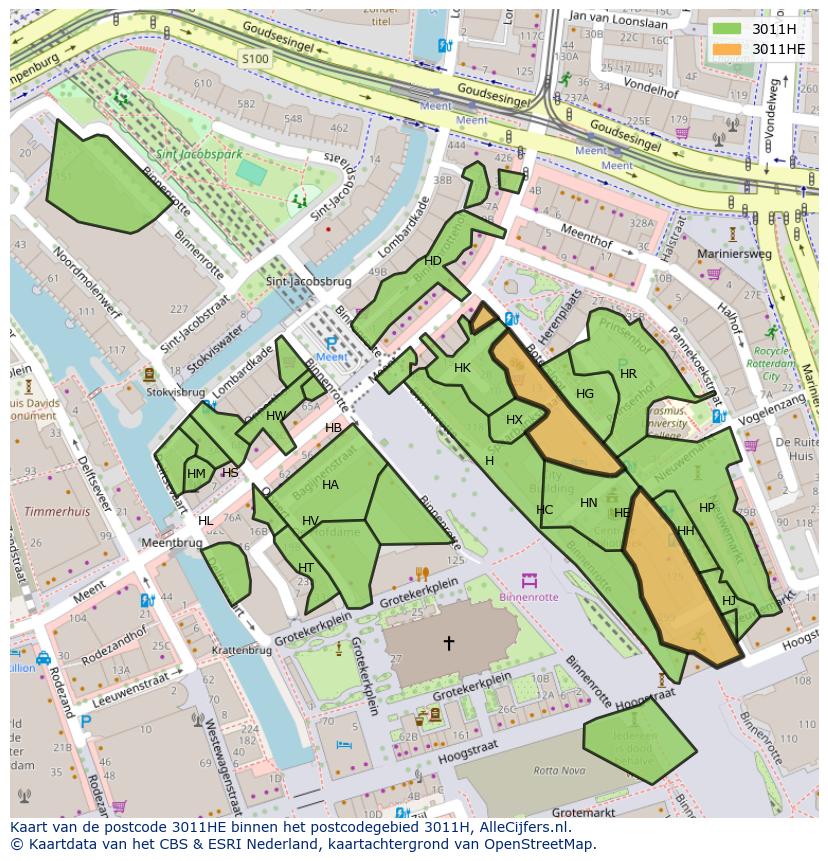 Afbeelding van het postcodegebied 3011 HE op de kaart.