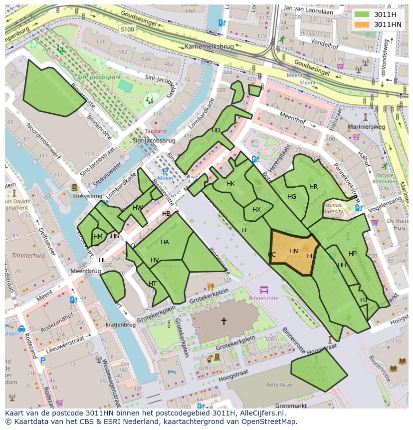 Afbeelding van het postcodegebied 3011 HN op de kaart.