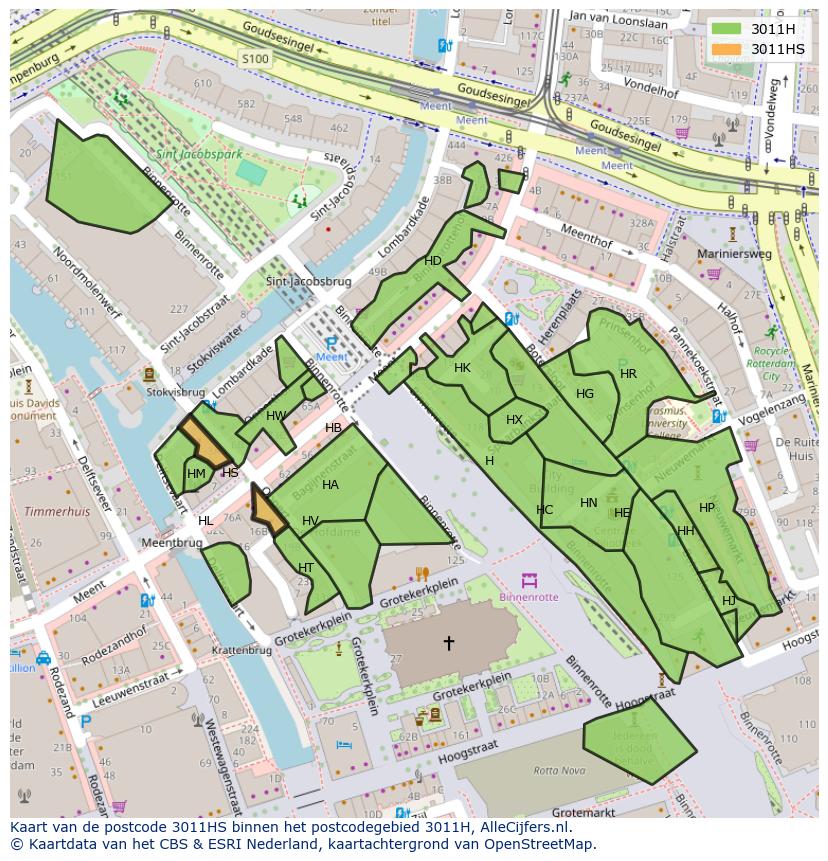 Afbeelding van het postcodegebied 3011 HS op de kaart.